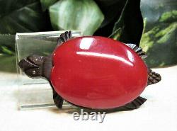 Vintage HUGE Red Bakelite Wood Turtle Pin Brooch TOO CUTE