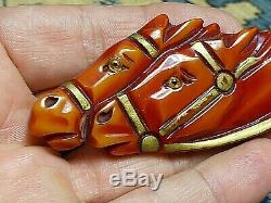 Vintage Hand Carved Bakelite DOUBLE Racing Horse Head Pin Brooch Excellent
