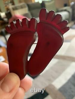 Vintage Hand Carved Translucent Feet Barefoot Cherry Bakelite Pin Brooch