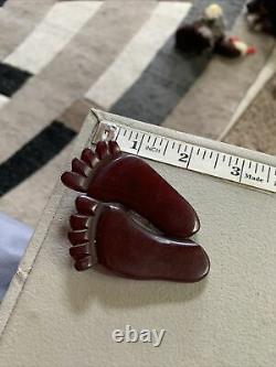 Vintage Hand Carved Translucent Feet Barefoot Cherry Bakelite Pin Brooch