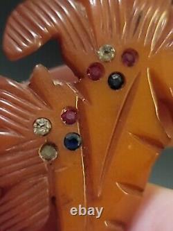Vintage JL Foltz Carved Palm Trees Apricot Bakelite Beach Brooch Pin Unsigned