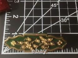 Vintage Jewelry Deco Green Bakelite Gilt Brass Bar Pin Brooch Seed Bead Flower