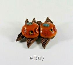 Vintage Jewels of Fantasy Butterscotch Bakelite Wood Art Deco Angelfish Pin