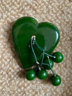 Vintage LG Bakelite HEART Pin Green w dangling cherries. 1940s Tested