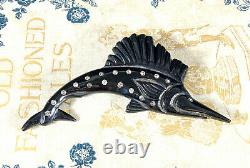 Vintage LRG Black Bakelite Jeweled Swordfish Fish brooch pin jewelry