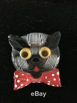 Vintage LUCITE pin googly eye cat with red bow polka dots 1940's BAKELITE ERA