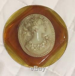 Vintage Large Amber Coloured Bakelite Cameo Brooch Pin Immaculate