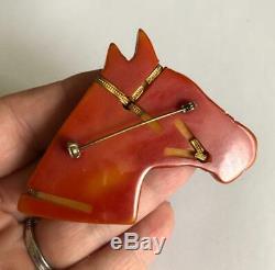 Vintage Large Bakelite Horse Head Brooch with Reins + Glass Eye Pin 1940s