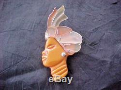 Vintage Large Bakelite Lucite African Woman Head With Headdress Pin Brooch Rare