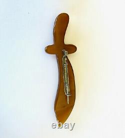 Vintage Large Bakelite Sword Scimitar Pin Brooch Shimmery Jewel Amber 4 Inches