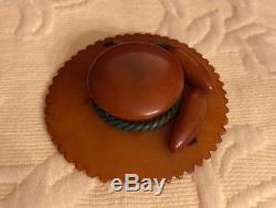Vintage Large Bakelite Wide Brim Hat Brooch/Pin Swirled Butterscotch 3