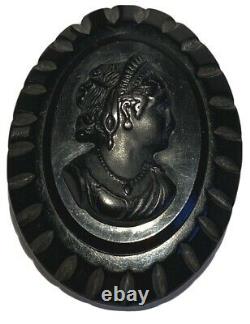 Vintage Large Cameo Relief Oval Victorian Mourning Brooch Pin