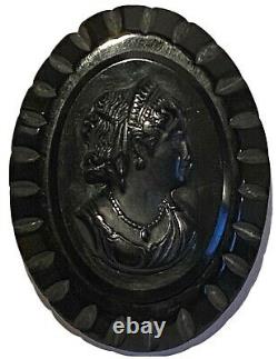 Vintage Large Cameo Relief Oval Victorian Mourning Brooch Pin