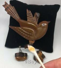 Vintage Large Carved Bakelite/ Wood Bird Pin Brooch And Matching Clip Earrings