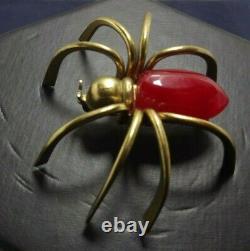 Vintage Large Cherry Red Bakelite Gold Tone Spider Pin Retro Bug