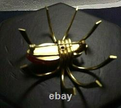 Vintage Large Cherry Red Bakelite Gold Tone Spider Pin Retro Bug