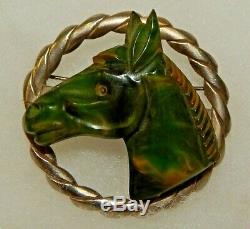 Vintage Large Green Marbled Bakelite Carved Horse Head Circle Pin Brooch