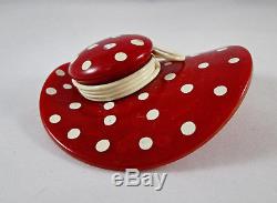 Vintage Large Marbled Red Bakelite Pin Brooch Polka Dot Hat with Large Brim