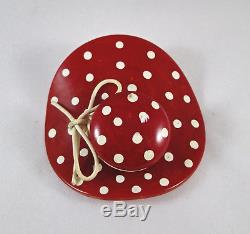 Vintage Large Marbled Red Bakelite Pin Brooch Polka Dot Hat with Large Brim