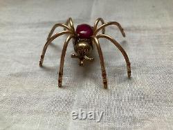 Vintage Large SPIDER Figural Pin Brooch Bug Insect Gold Tone red Body Bakelite