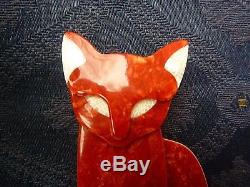 Vintage Lea Stein Paris Marbled Rasberry Red Pearl White Cat Pin Brooch