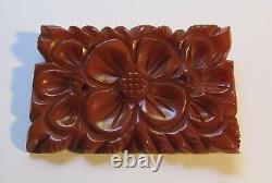 Vintage Lg. Butterscotch Bakelite Carved Floral Pin 40's
