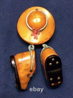Vintage MARBLED Butterscotch BAKELITE Brooch Pin HAT with Dangling BOOTS SHOES