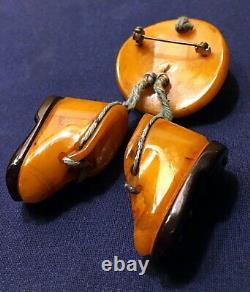 Vintage MARBLED Butterscotch BAKELITE Brooch Pin HAT with Dangling BOOTS SHOES