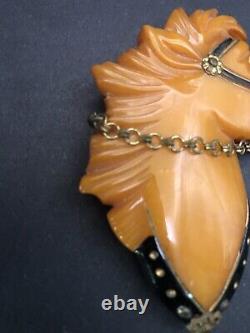 Vintage MCM Butterscotch Bakelite Scarce Horse Brooch With Chain
