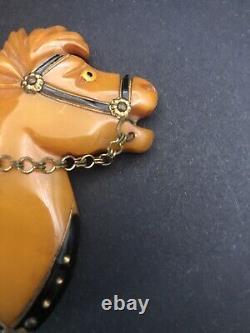 Vintage MCM Butterscotch Bakelite Scarce Horse Brooch With Chain