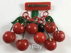 Vintage Marbled Red Hand Carved Large Cherry Cherries Dangling Pin Brooch