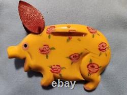 Vintage Martha Sleeper Carves Piggy Bank Pig Bakelite Pin Brooch Large RARE HTF