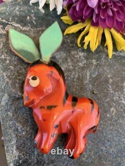 Vintage Martha Sleeper Painted Carved Bakelite Donkey Figural Brooch / Pin
