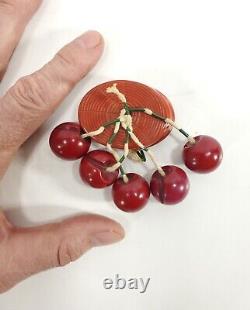 Vintage Mid-Century Cherry Bakelite Amber Brooch with Hanging Cherries