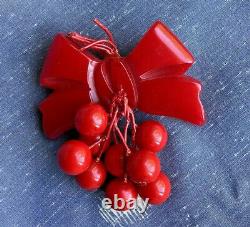 Vintage Mid Century Red Bakelite Plastic Bow Estate Pin Brooch Dangle Cherries