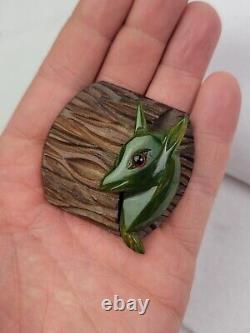 Vintage Mid Century Wood Log & Green Bakelite Deer Figural Brooch Pin