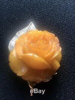 Vintage NETTIE ROSENSTEIN Butterscotch Bakelite Carved Rose Brooch Pin Bea
