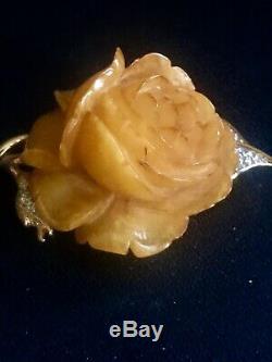 Vintage NETTIE ROSENSTEIN Butterscotch Bakelite Carved Rose Brooch Pin Bea
