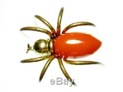 Vintage Orange Bakelite Spider Brooch Large 2 inch Arachnid 3-D Brass Bug Pin