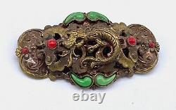 Vintage Orient Revival brass & glass 1930's pin brooch probably Neiger Brothers