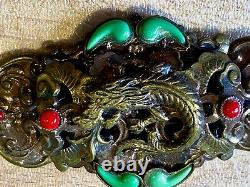 Vintage Orient Revival brass & glass 1930's pin brooch probably Neiger Brothers