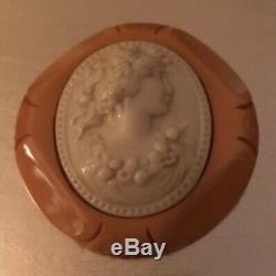 Vintage Original Butterscotch Bakelite Base With Celluloid Cameo Brooch Pin