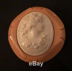 Vintage Original Butterscotch Bakelite Base With Celluloid Cameo Brooch Pin