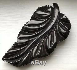 Vintage Original Carved Black Bakelite Leaf Brooch Pin -immaculate