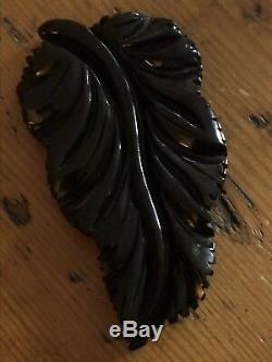 Vintage Original Carved Black Bakelite Leaf Brooch Pin -immaculate