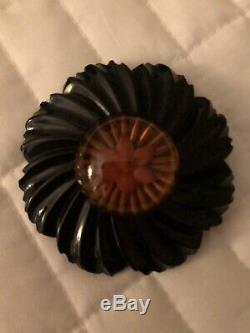 Vintage Original Rare Black & Amber Ruffled Bakelite Brooch Pin Mint