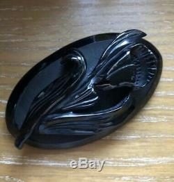 Vintage Original Rare Black Oval Bakelite & Carved Lily Brooch Pin Mint
