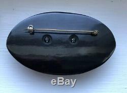 Vintage Original Rare Black Oval Bakelite & Carved Lily Brooch Pin Mint