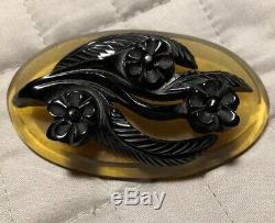 Vintage Original Rare Honey Oval Bakelite & Black Carved Flower Brooch Pin Mint