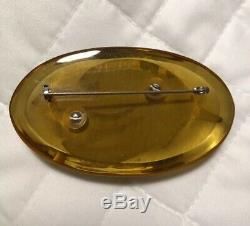 Vintage Original Rare Honey Oval Bakelite & Black Carved Flower Brooch Pin Mint